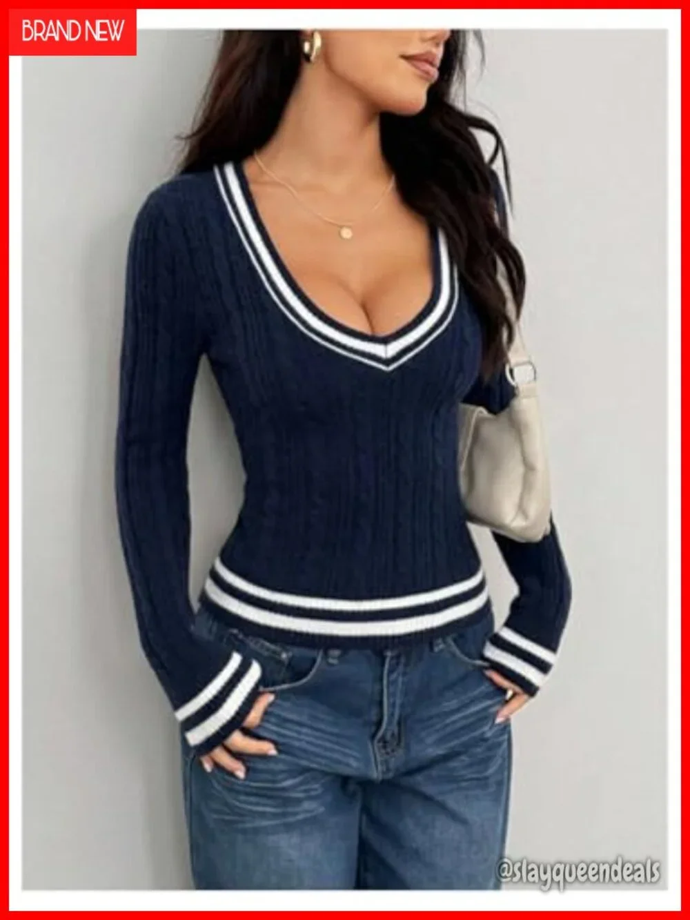 Striped V Neck Cable Knit Long Sleeve Pullover Sweater